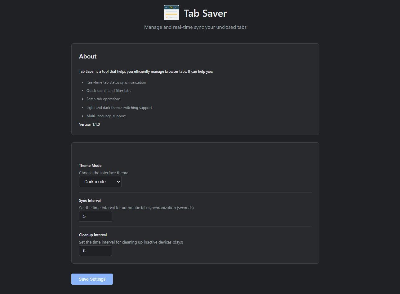 TabSaver Settings Dark Mode - Advanced configuration and customization options