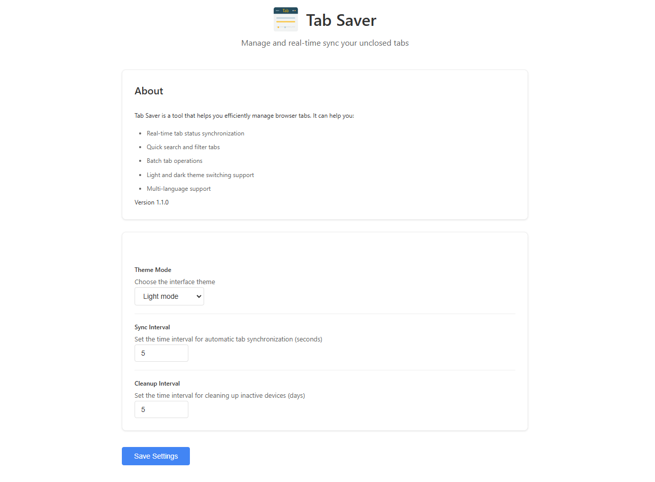 TabSaver Settings Light Mode - User-friendly settings management interface